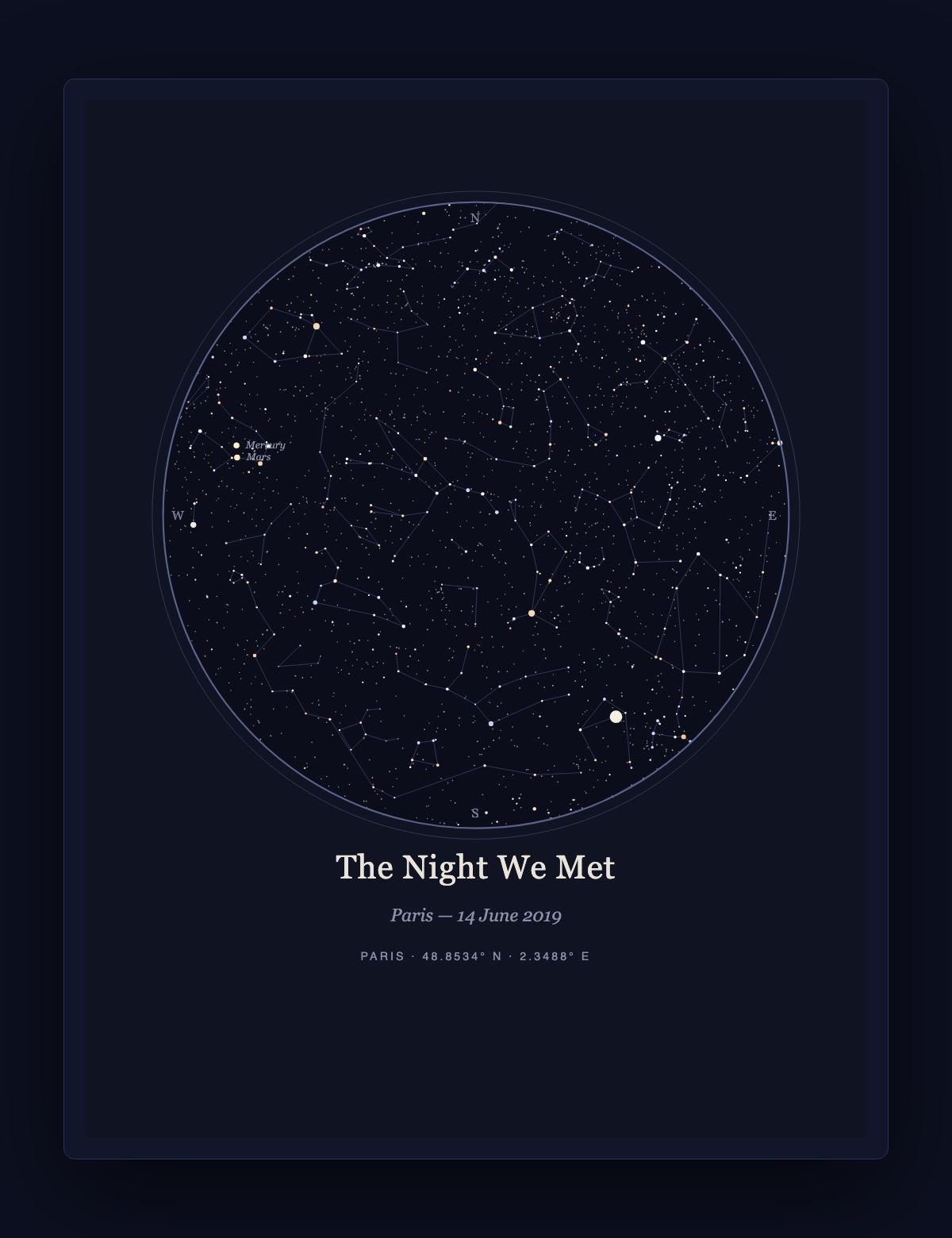 Anniversary star map poster titled The Night We Met, Paris, 14 June 2019