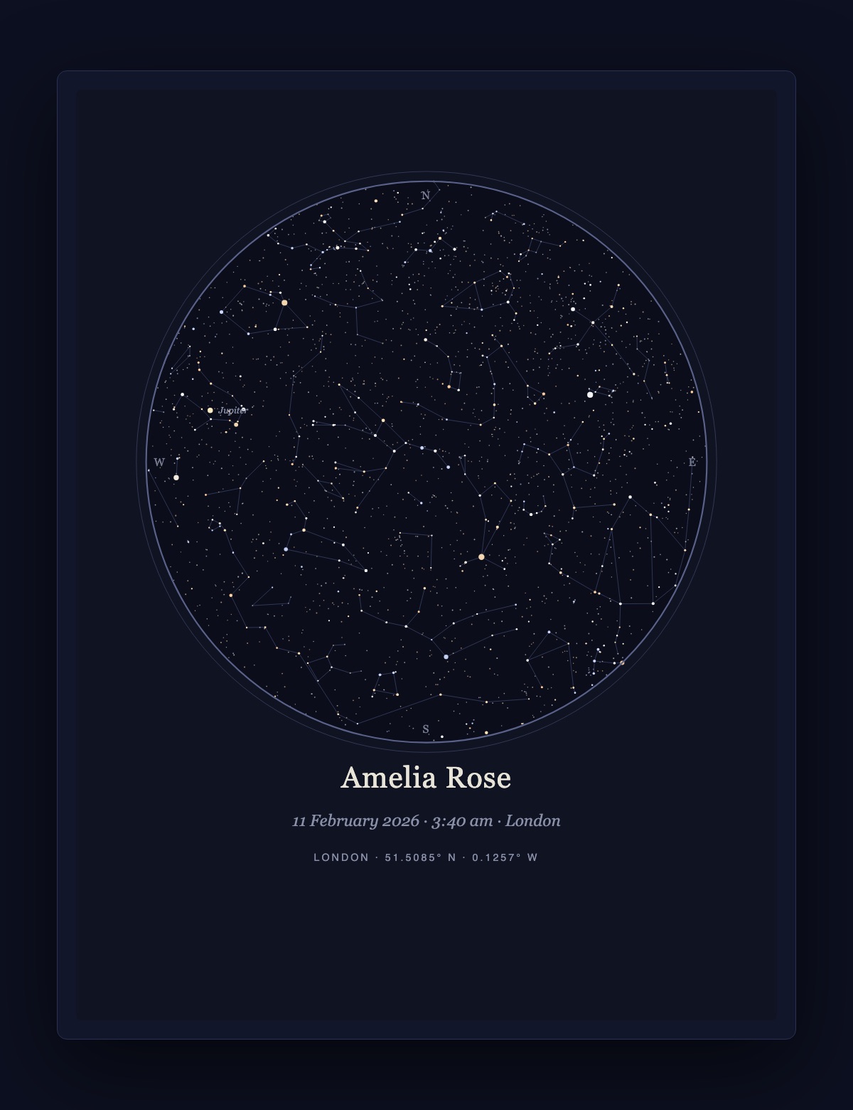 New baby star map poster titled Amelia Rose, 11 February 2026, 3:40 am, London