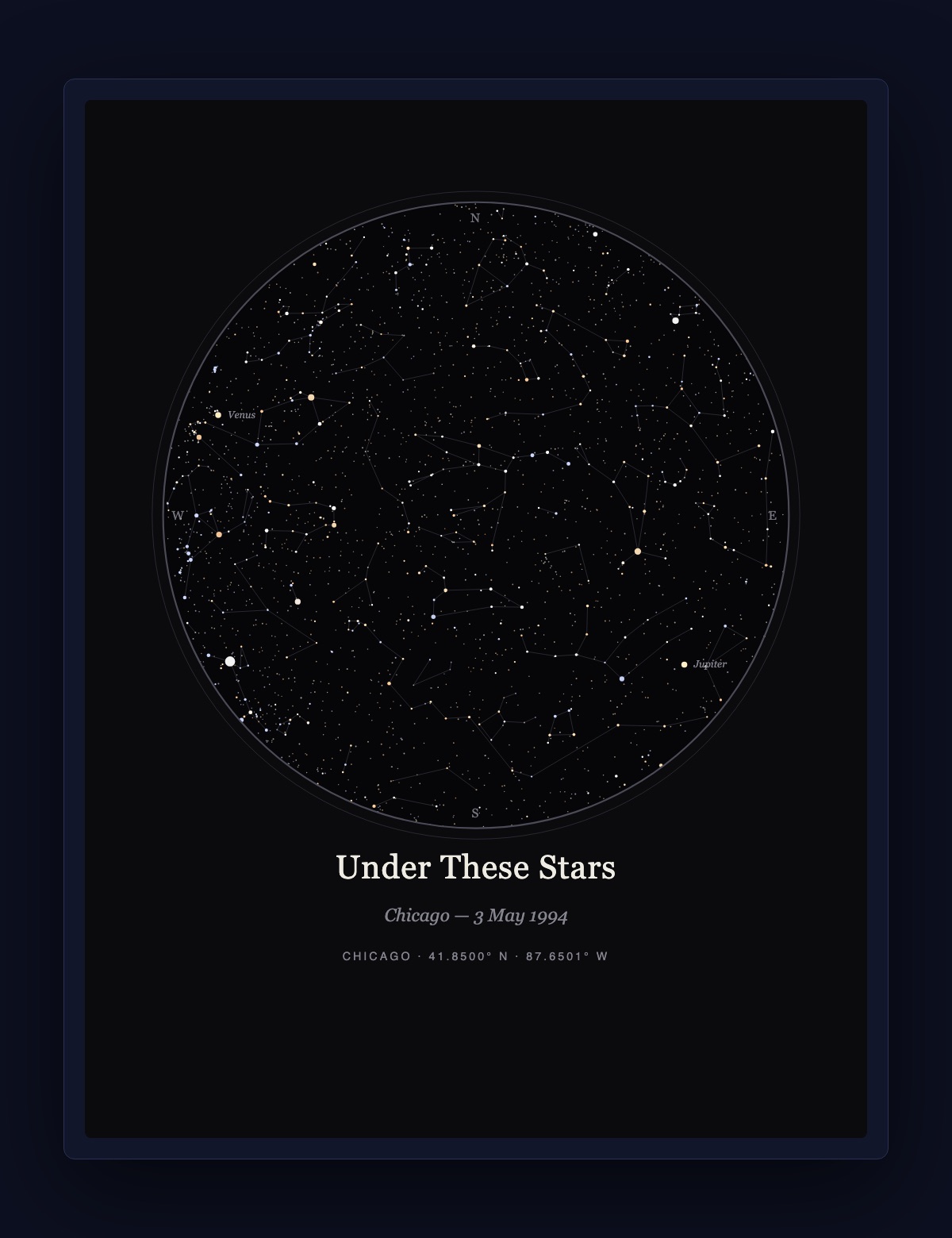 Birthday star map poster titled Under These Stars, Chicago, 3 May 1994