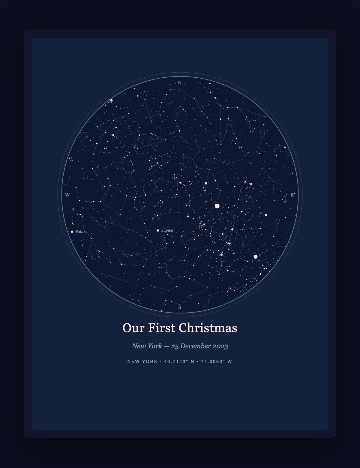 Christmas star map poster titled Our First Christmas, New York, 25 December 2023