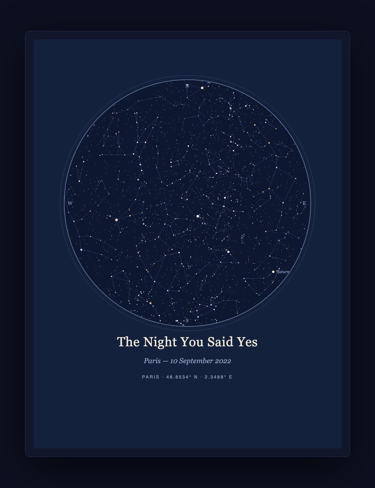 Engagement star map poster titled The Night You Said Yes, Paris, 10 September 2022