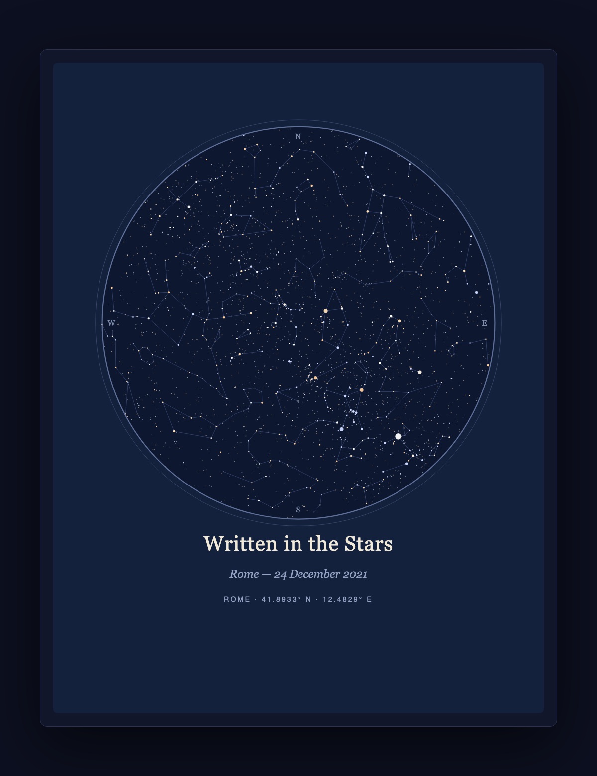Personalized star map gift poster titled Written in the Stars, Rome, 24 December 2021