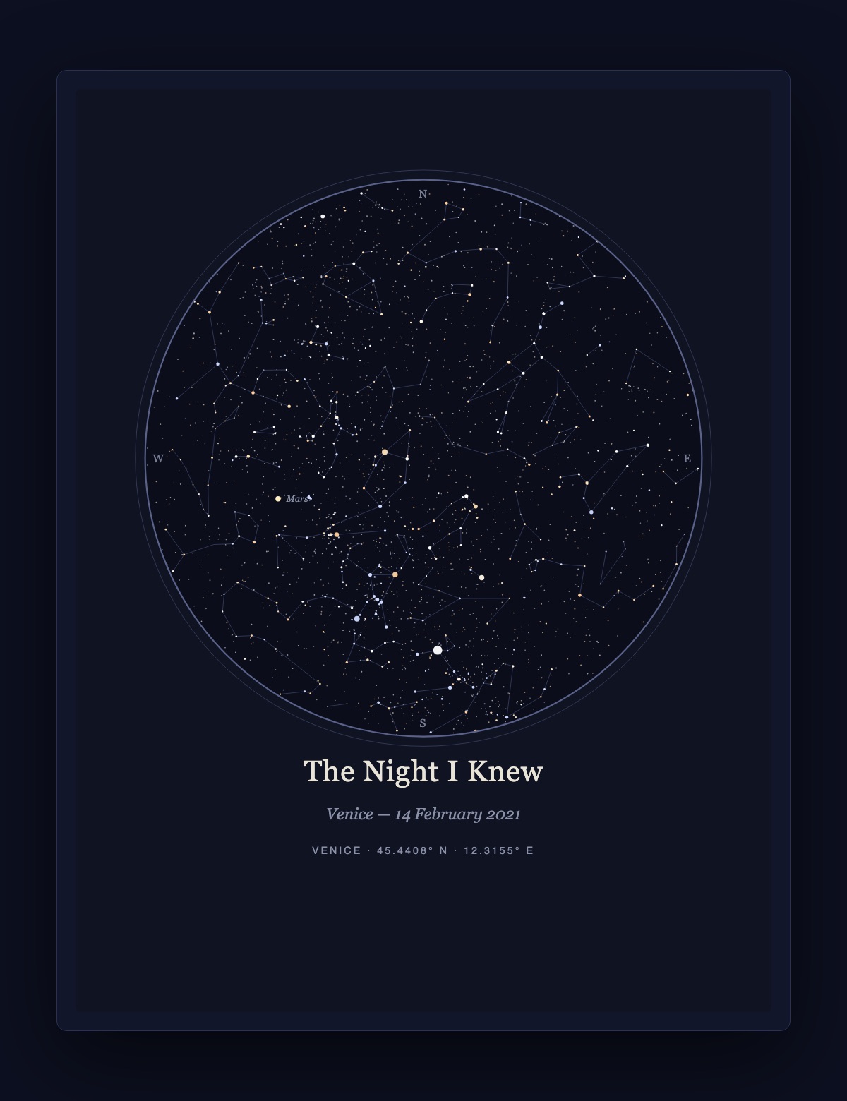 Valentine's Day star map poster titled The Night I Knew, Venice, 14 February 2021