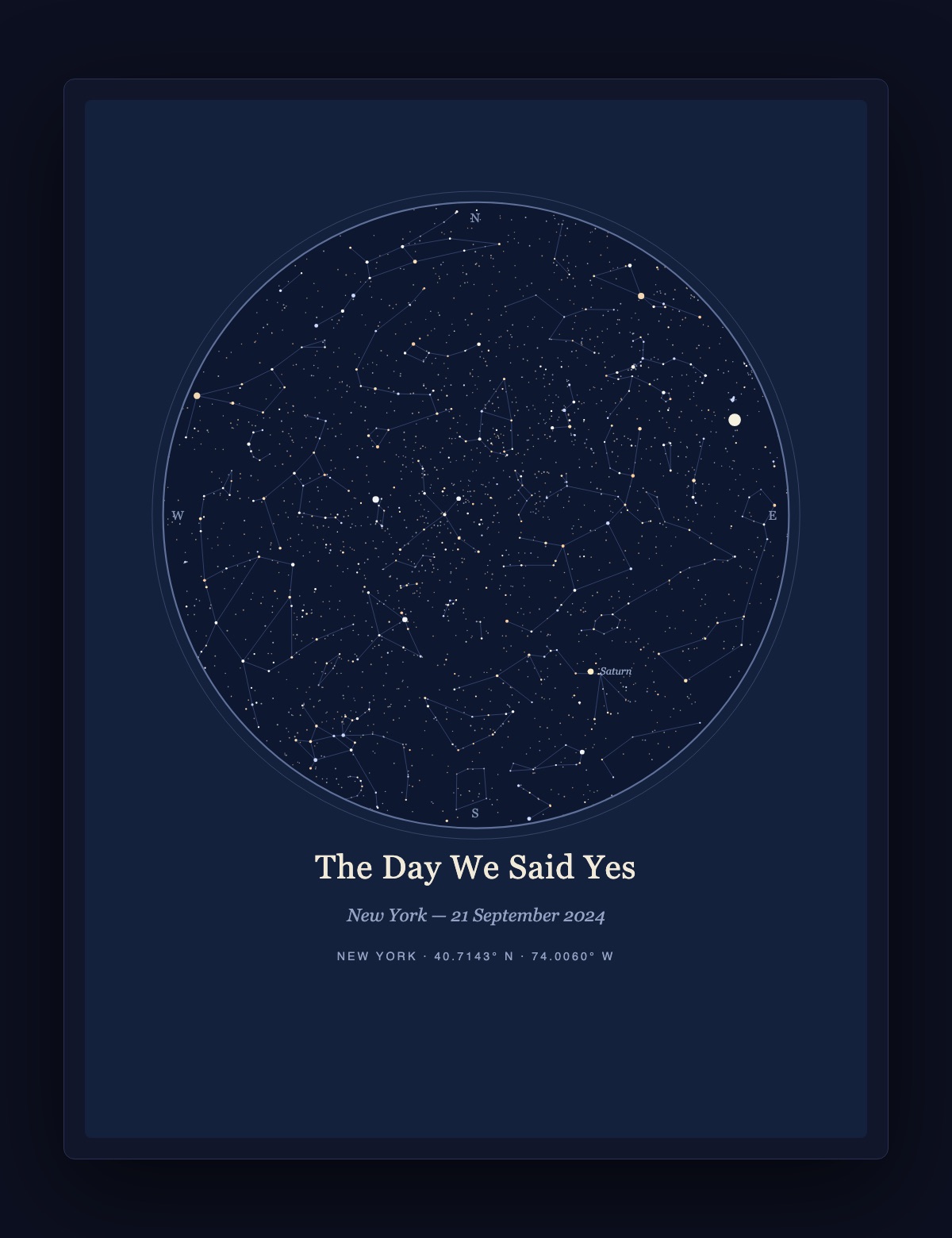 Wedding star map poster titled The Day We Said Yes, New York, 21 September 2024